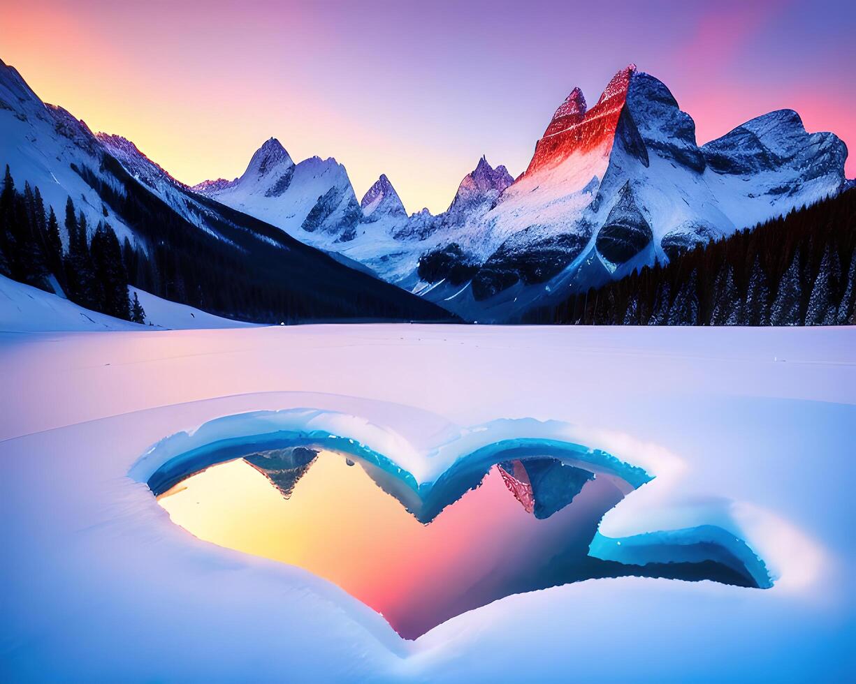 a heart shaped piece of ice with mountains in the background by photo