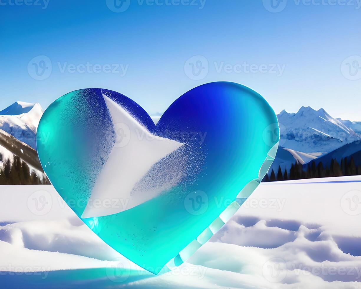 a heart shaped piece of ice with mountains in the background by photo