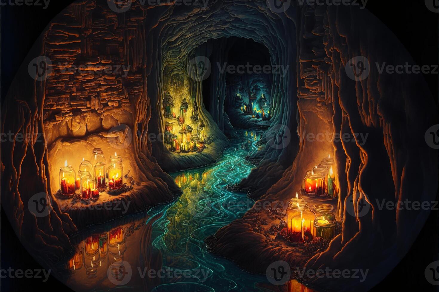 a huge underground landscape many tunnels and rivers candles by photo