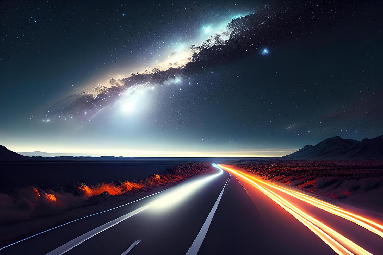 a road under a night sky filled with stars a matte painting by photo