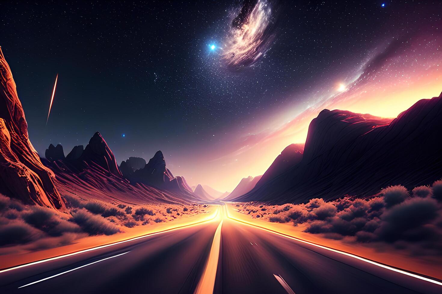 a road under a night sky filled with stars a matte painting by photo