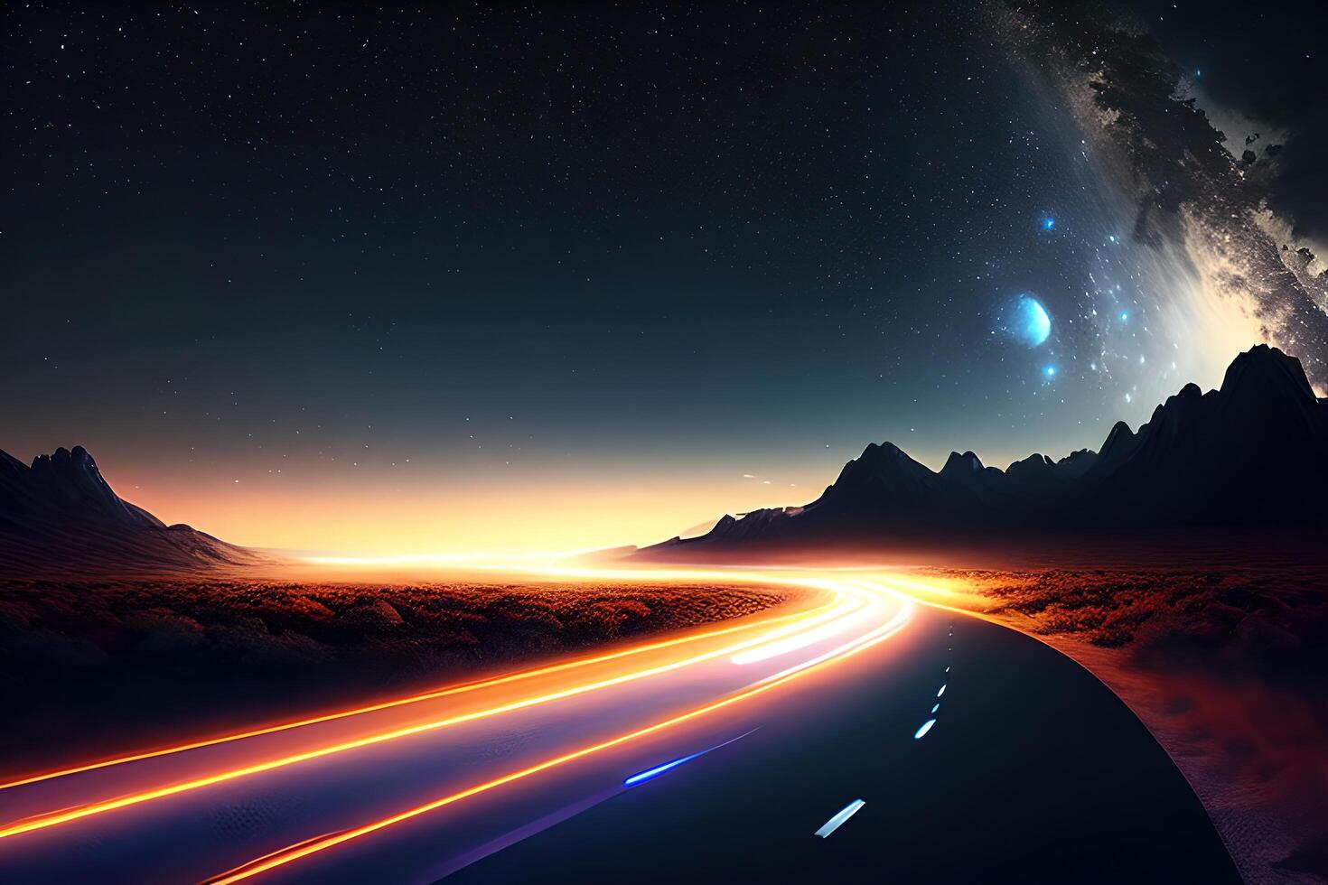 a road under a night sky filled with stars a matte painting by photo