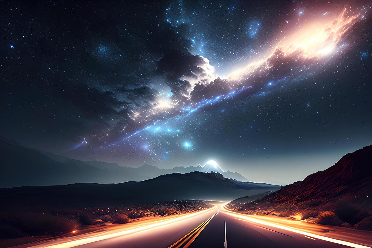 a road under a night sky filled with stars a matte painting by photo