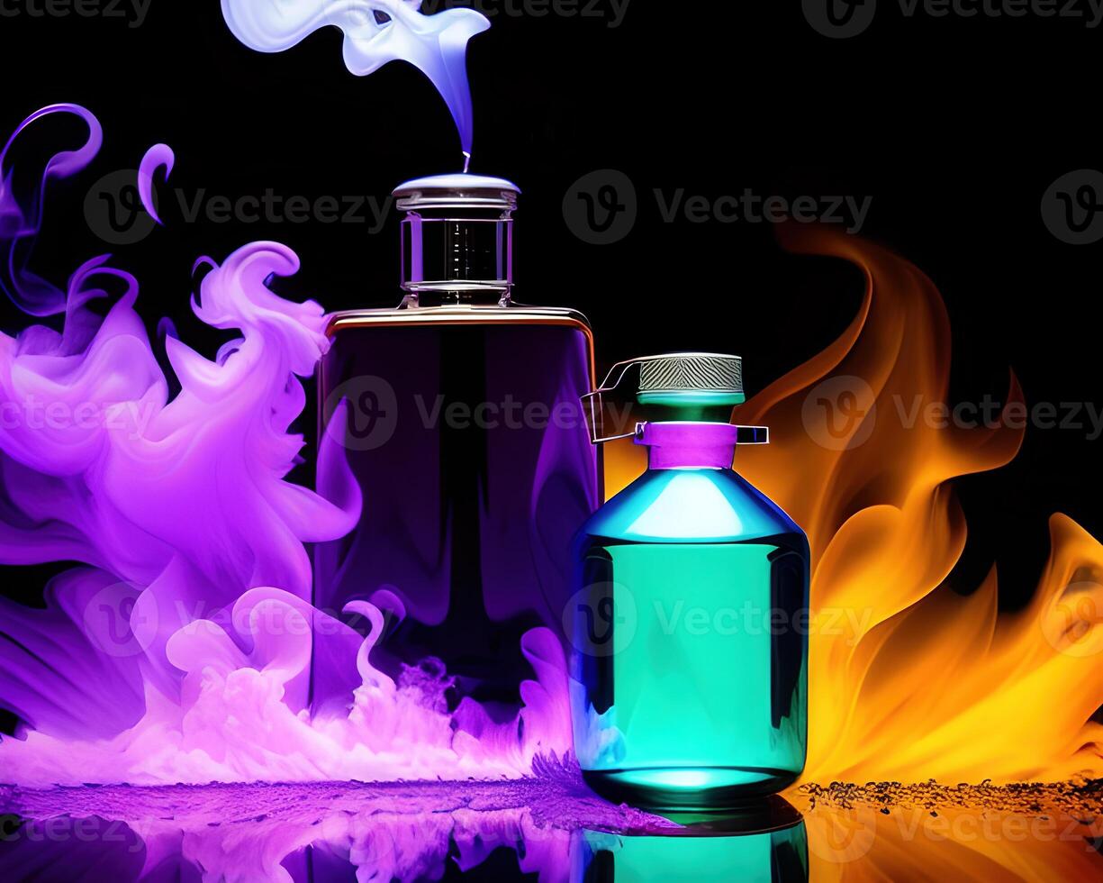 a flask filled with liquid and colored smoke by photo