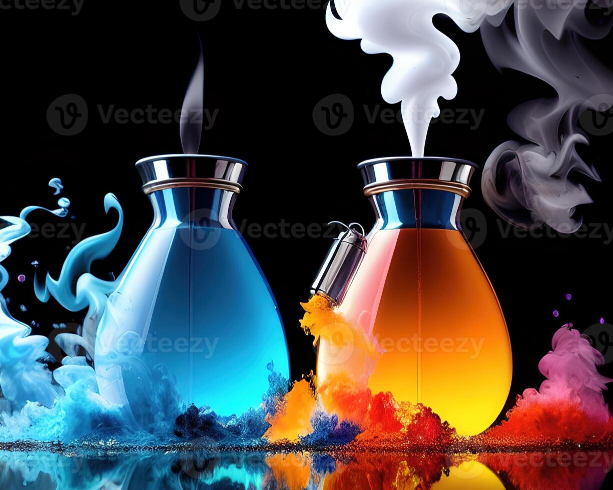 a flask filled with liquid and colored smoke by photo