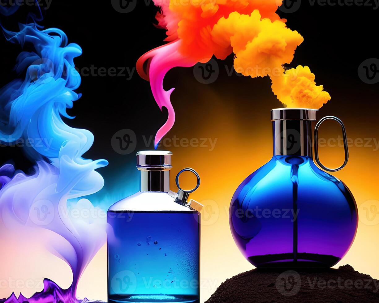 a flask filled with liquid and colored smoke by photo