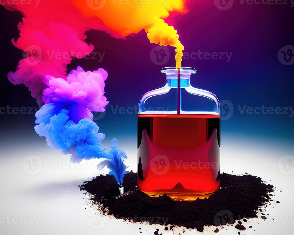 a flask filled with liquid and colored smoke by photo