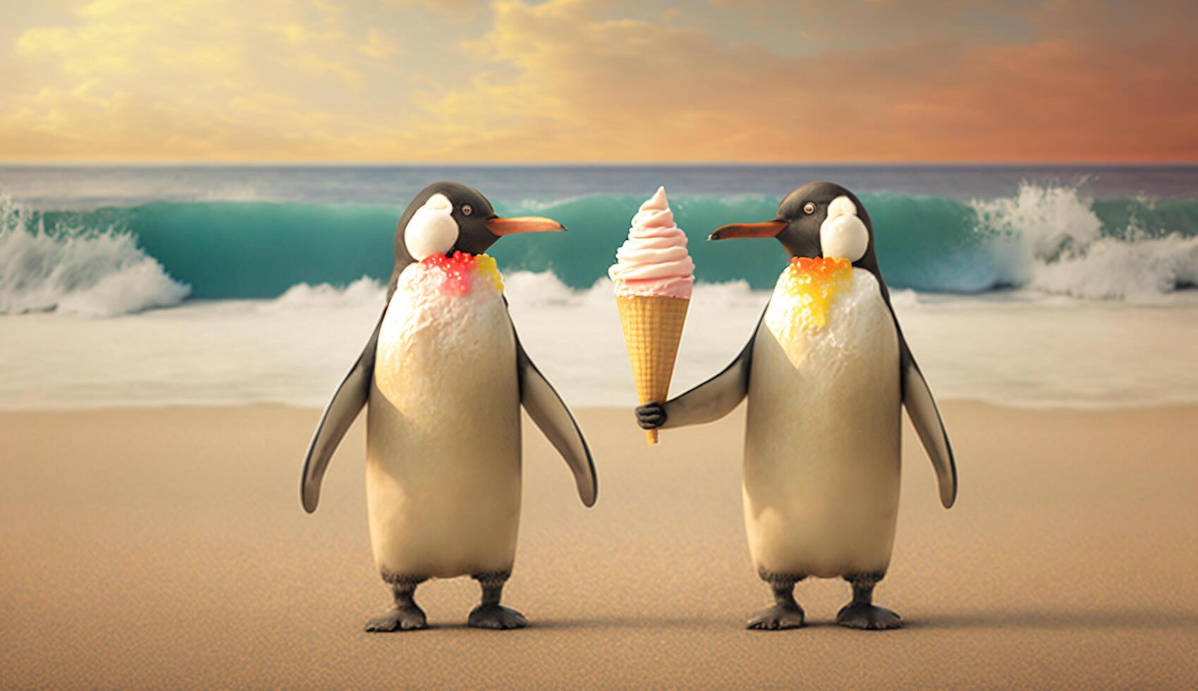 Penguin holding ice cream and they are standing on summer beach, Technology photo