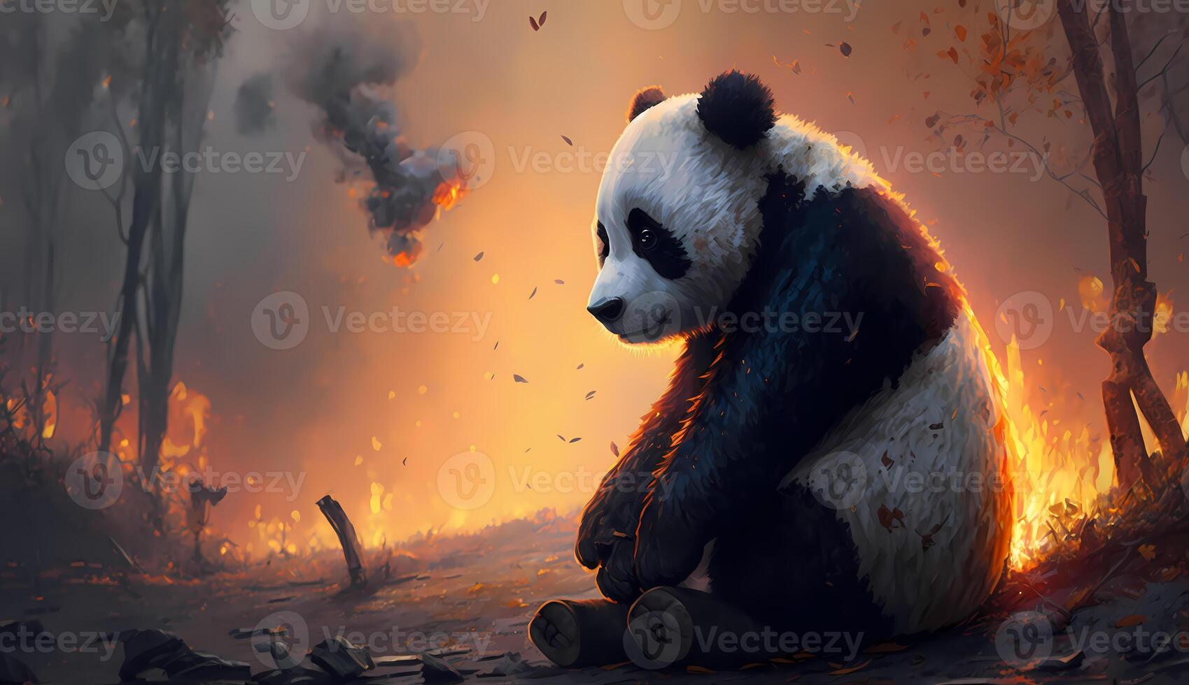 Sad panda looking at burning forest, SAVE THE FOREST created using Technology photo