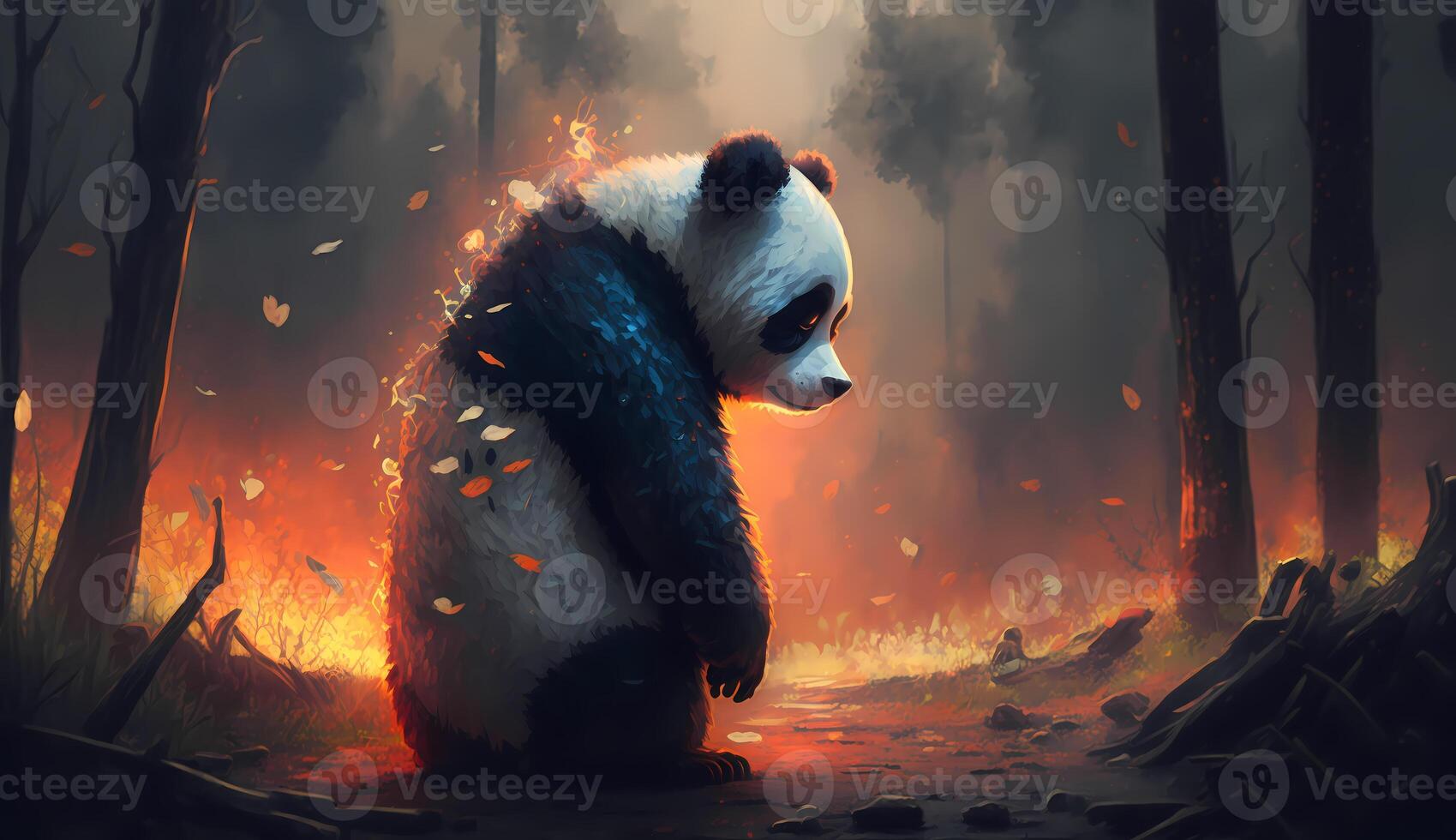 Sad panda looking at burning forest, SAVE THE FOREST created using Technology photo