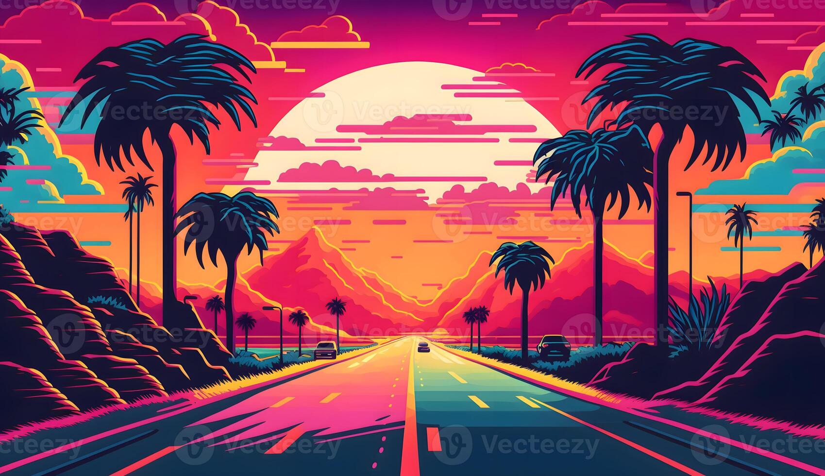 The digital artwork is a colorful illustration summer 80s 90s, sunset, road, palm tree, Technology photo