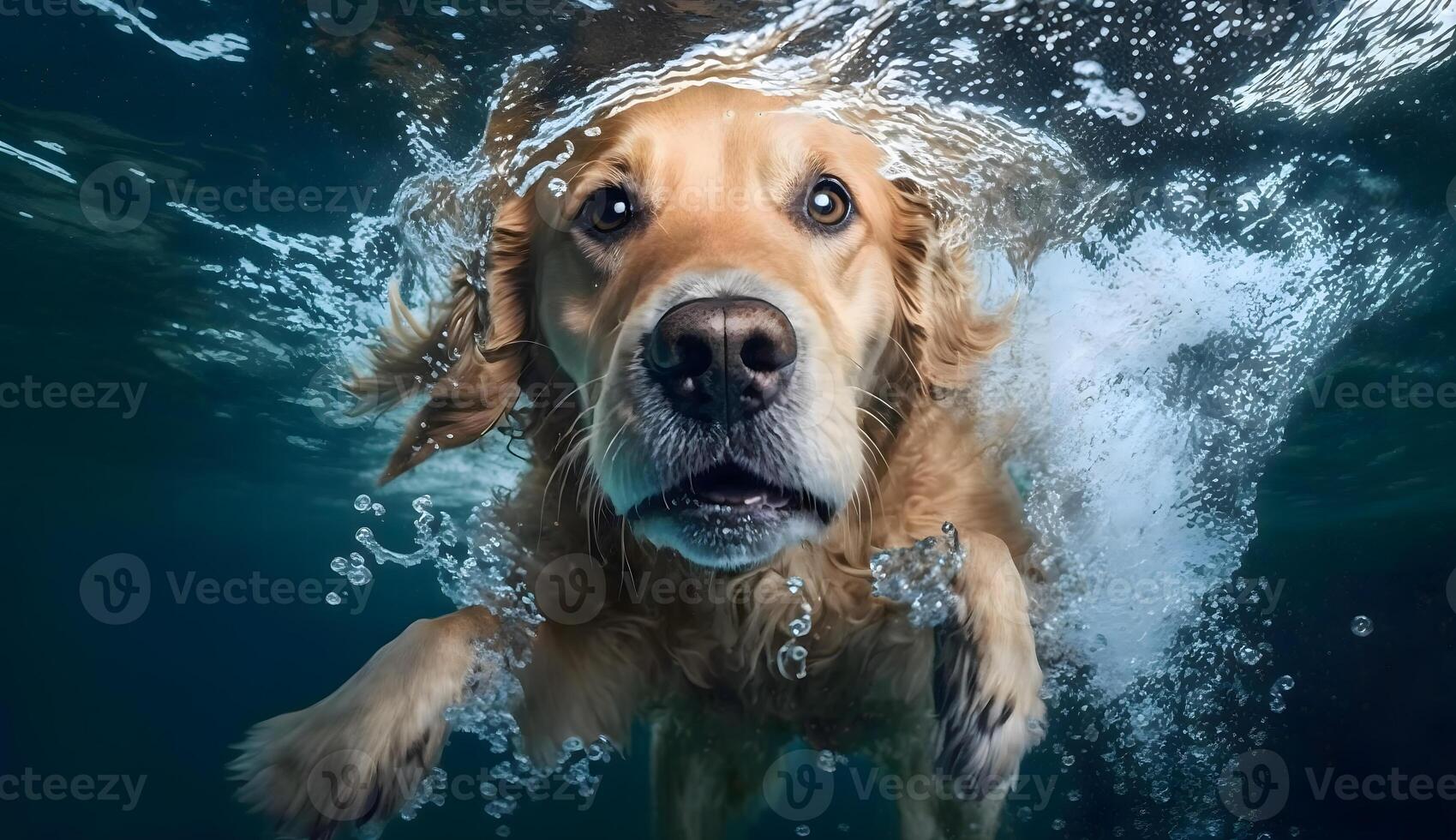 cuando perro nada en playa con claro agua, creado utilizando generativo ai tecnología foto