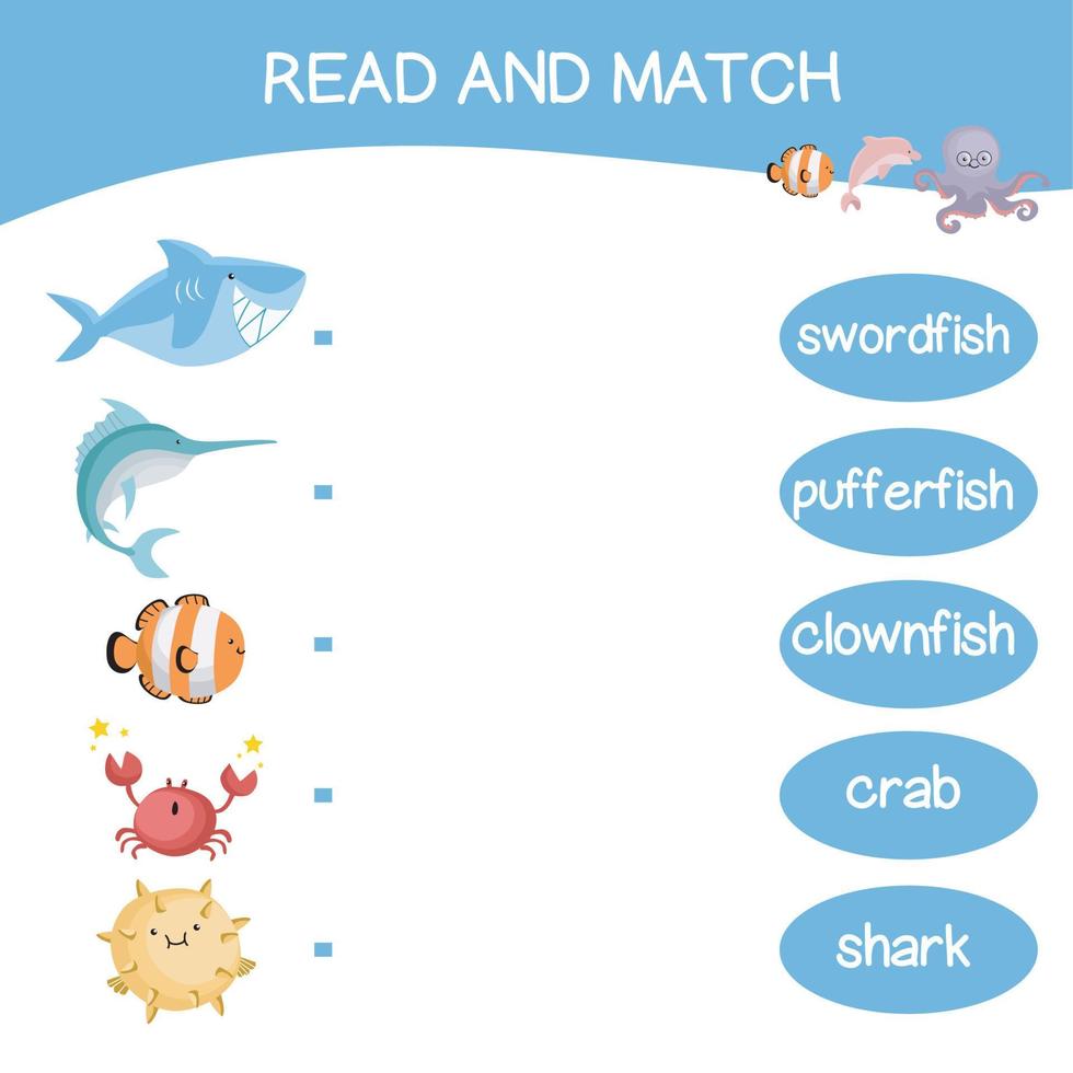 Read and match worksheet game. English alphabet with cartoon animals set. Matching words with images using funny sea animals for kids. Vector illustration.