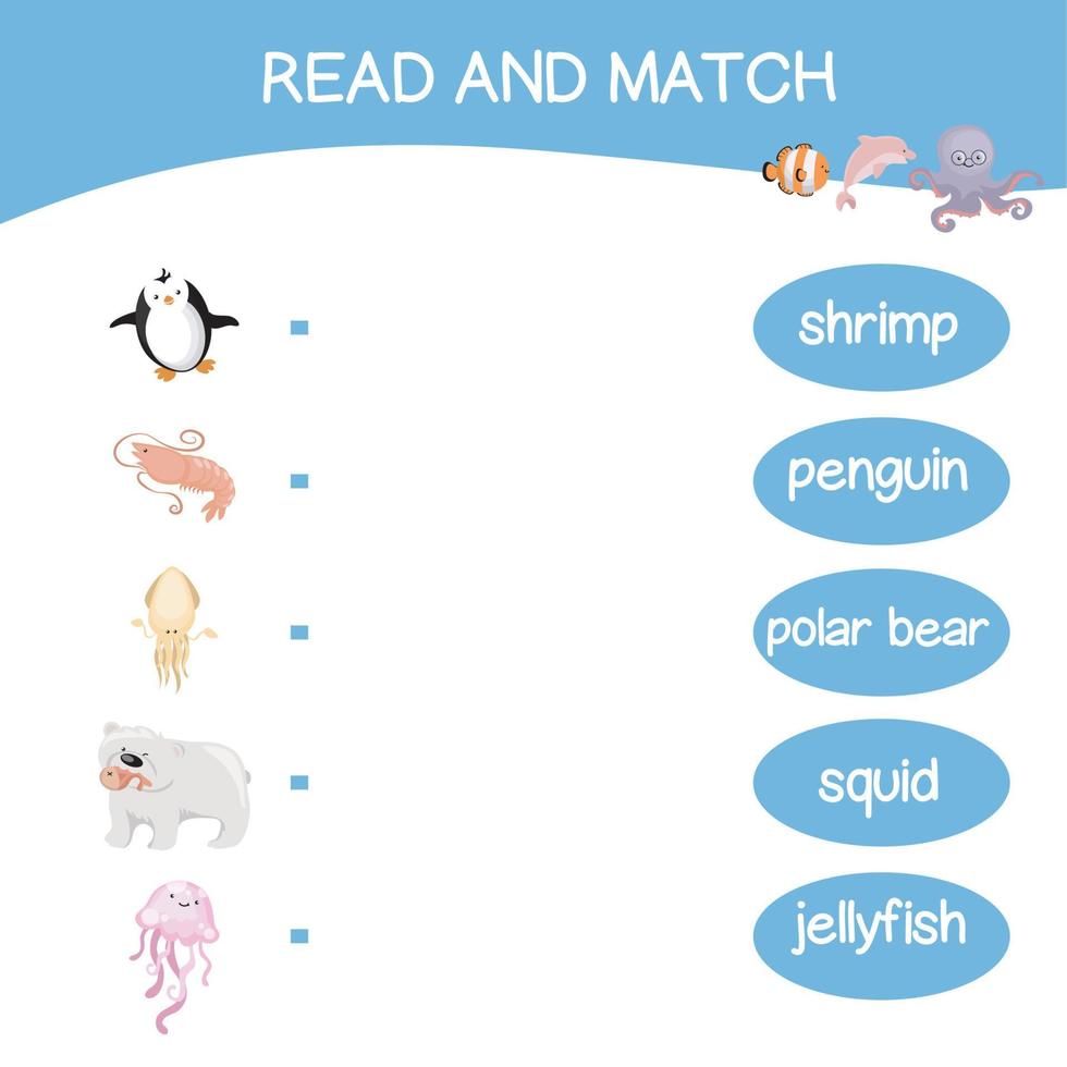 Read and match worksheet game. English alphabet with cartoon animals set. Matching words with images using funny sea animals for kids. Vector illustration.