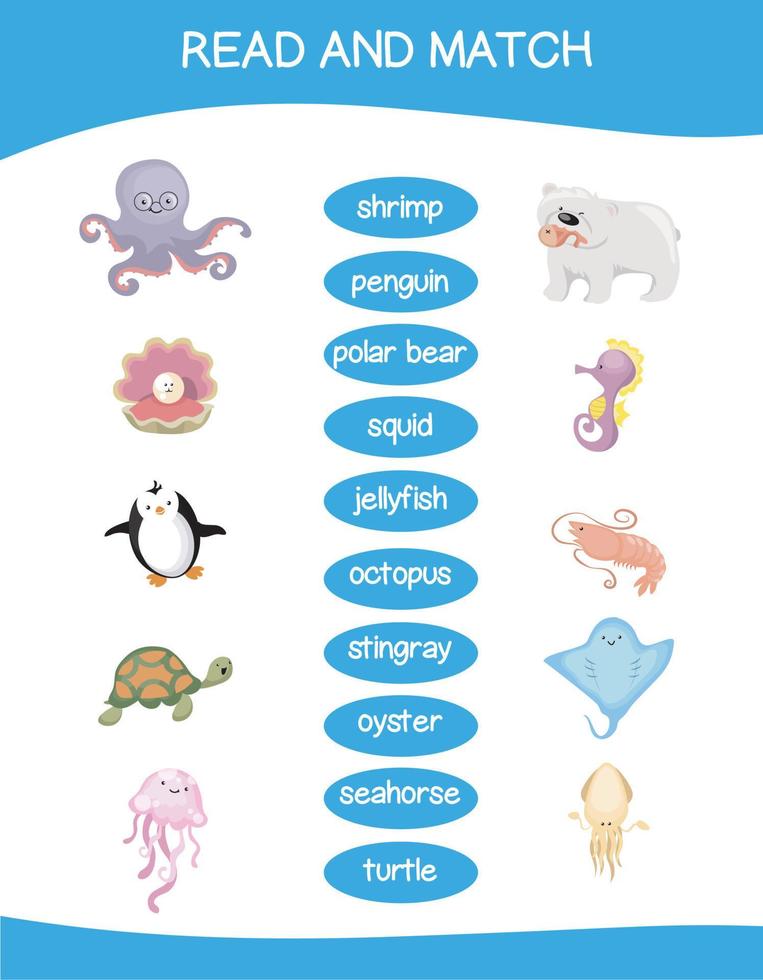 Read and match worksheet game. English alphabet with cartoon animals set. Matching words with images using funny sea animals for kids. Vector illustration.