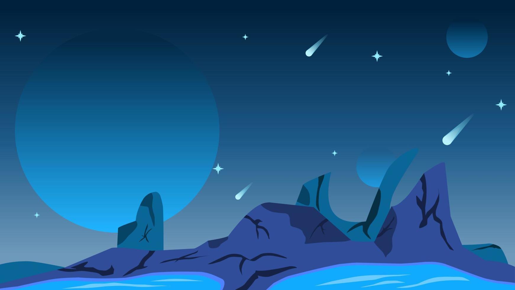 Science fiction landscape vector illustration. Blue planet space landscape background. Stone plains on space with comet and star. Science fiction vector for background, wallpaper or illustration