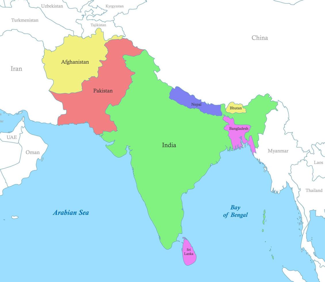 map of South Asia with borders of the states. vector