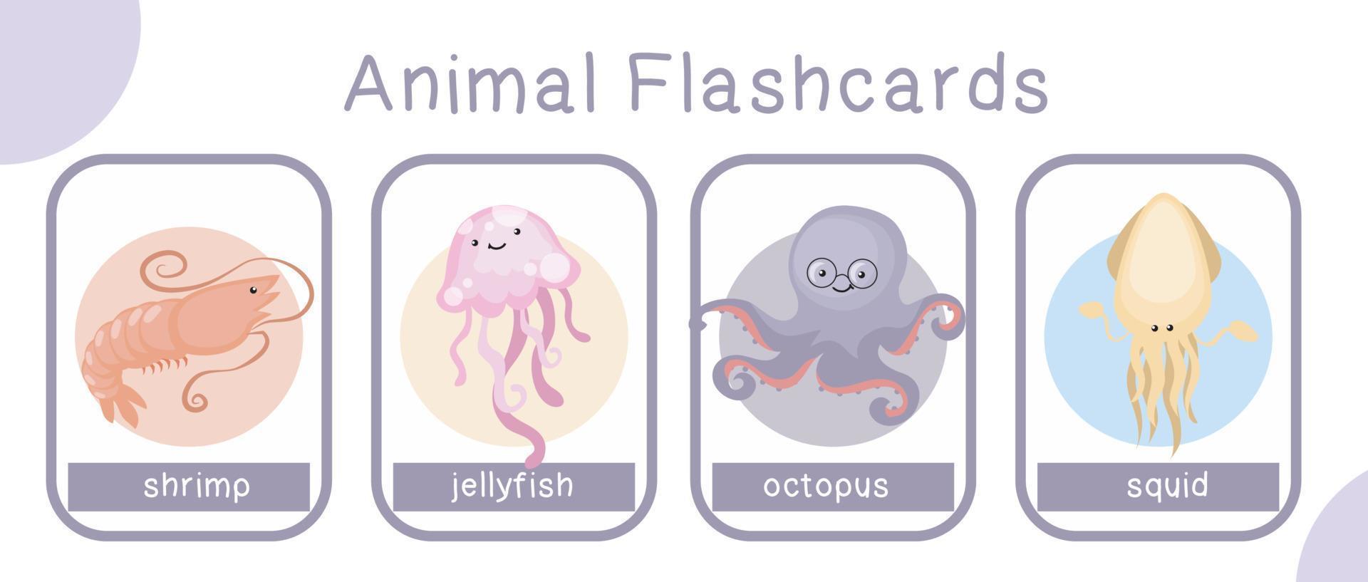 Cute animal flashcards collection. English alphabet with cartoon animals set. Cute drawing of sea animals. Card games for kids. Vector illustration.