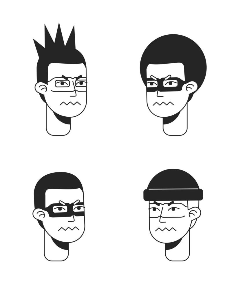 Men expressing disgust, anger monochromatic flat vector character faces pack. Black and white avatar icons. Editable cartoon user portraits. Hand drawn spot illustrations for web graphic design