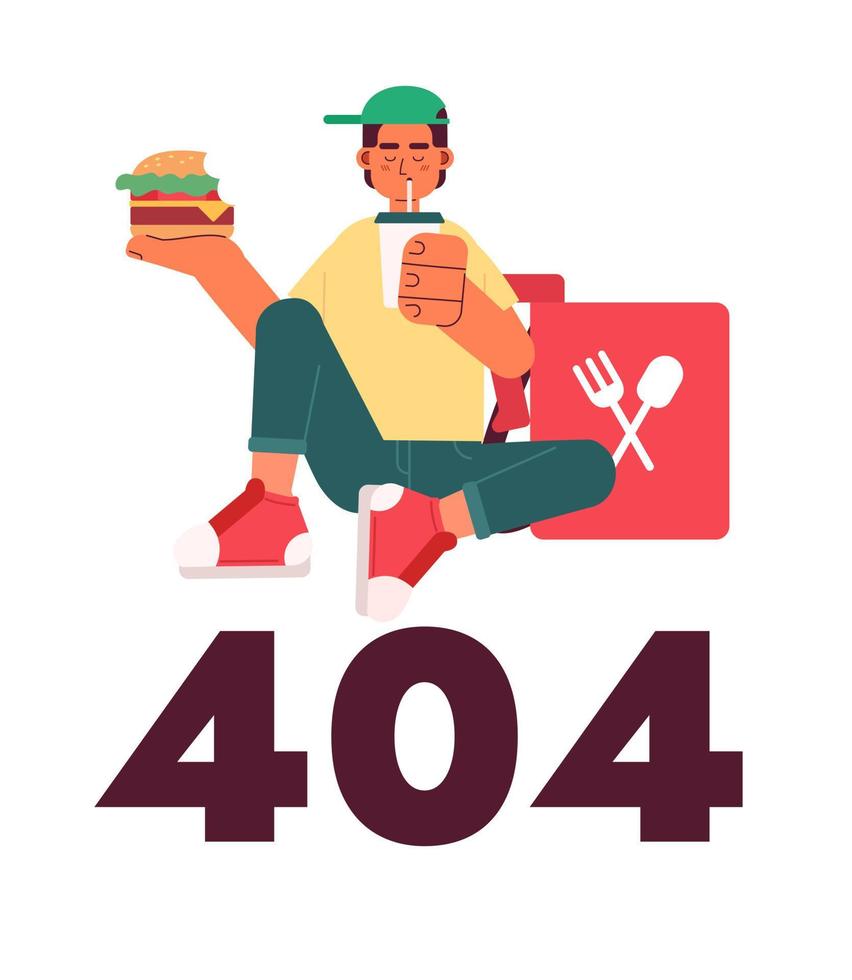 entrega chico tomando descanso vector vacío estado ilustración. editable 404 no encontró para ux, ui diseño. rápido comida restaurante aislado plano dibujos animados personaje en blanco. error destello mensaje para sitio web, aplicación