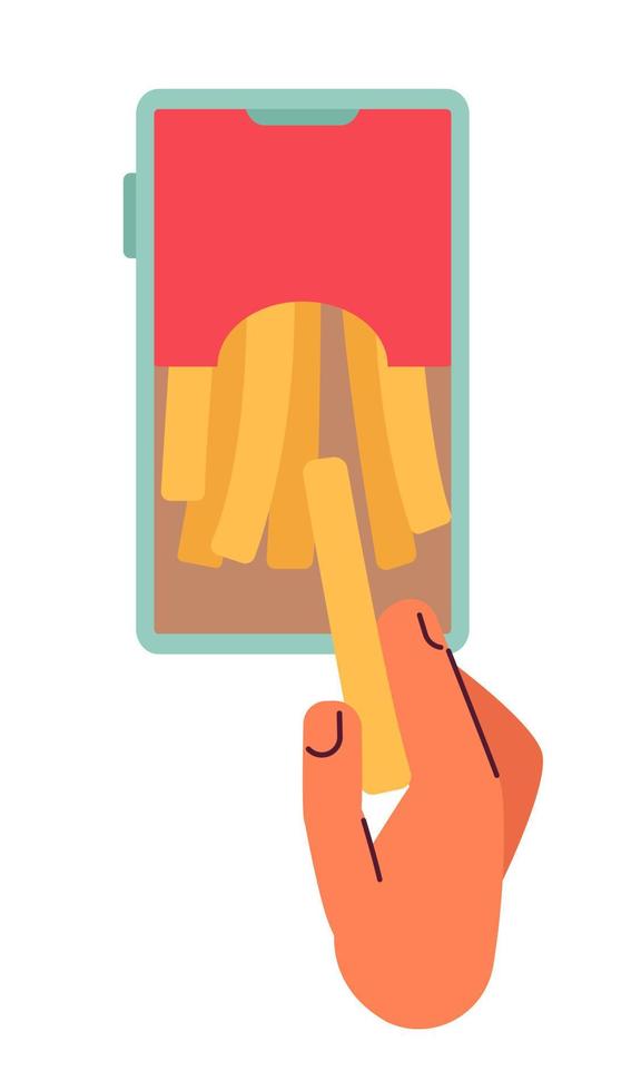 Fast-food french fries order online flat concept vector spot illustration. Editable 2D cartoon first view hand on white for web UI design. Creative hero image for website landings, mobile headers