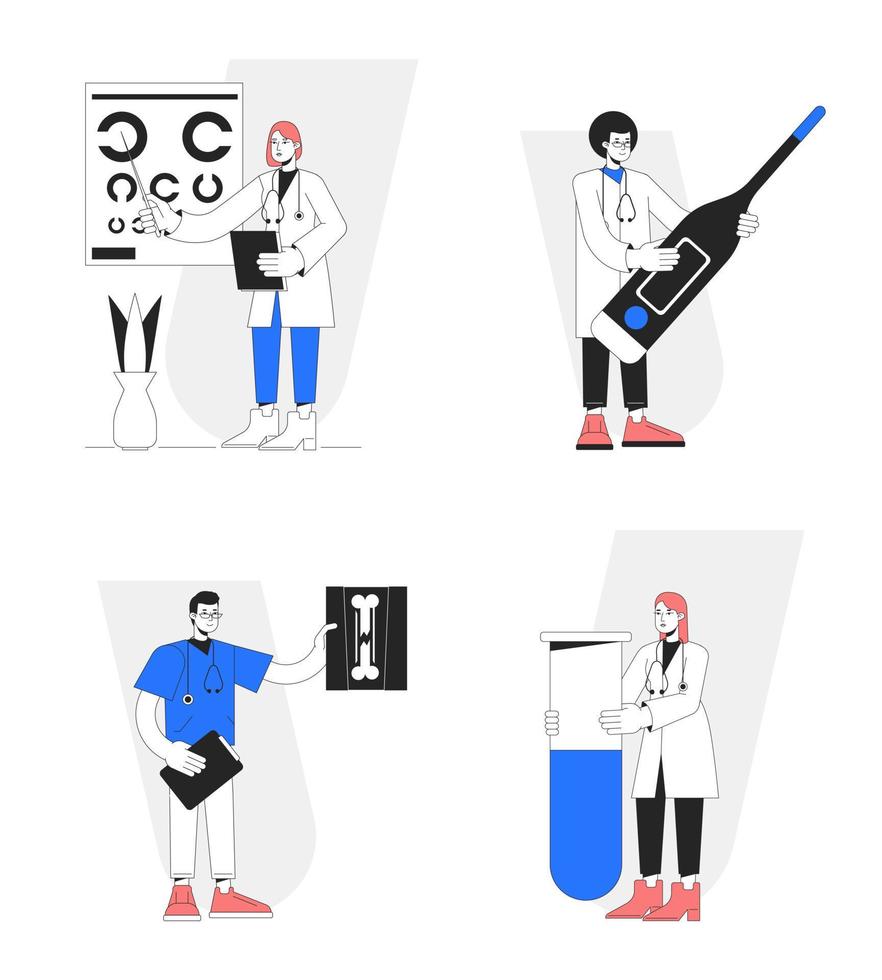 Medical care services flat line concept vector spot illustrations pack. Doctors diagnosis 2D cartoon characters on white for web UI design. Editable hero image set for website landings, mobile headers