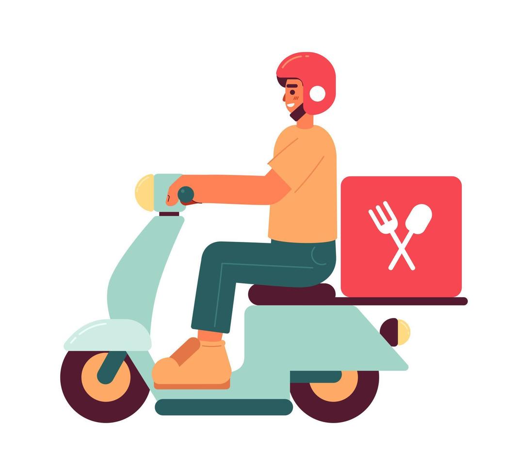 Driver riding fast food delivery electric moped semi flat colorful vector character. Editable full body person on white. Simple cartoon spot illustration for web graphic design and animation