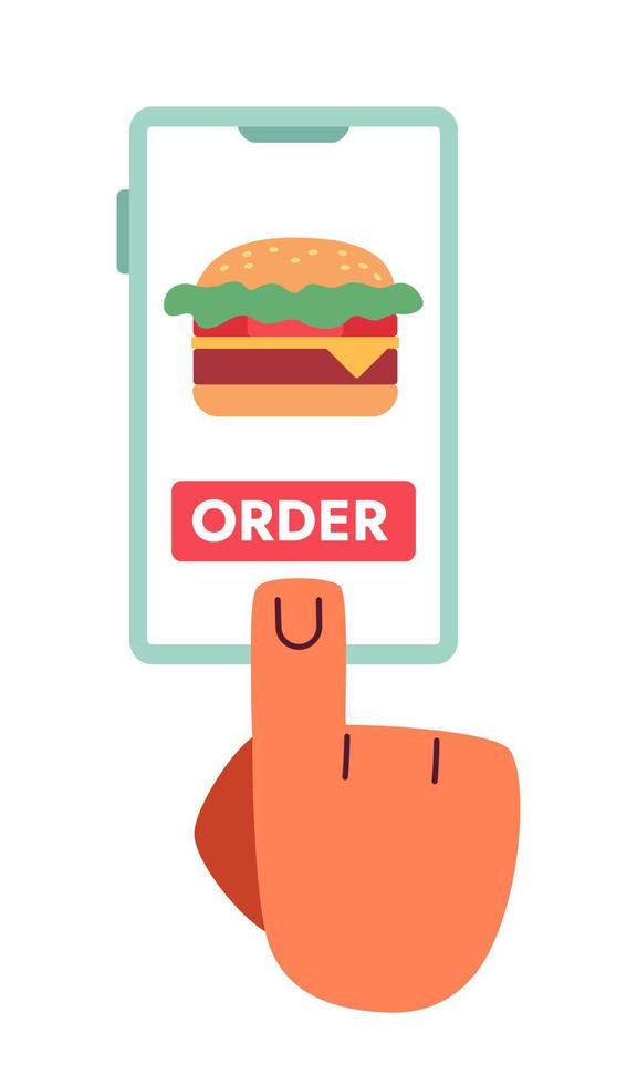 Burger order mobile app flat concept vector spot illustration. Editable 2D cartoon first view hand on white for web UI design. Fast food idea for website landings, mobile headers