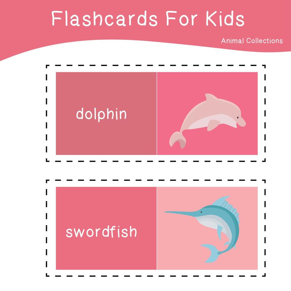 Cute animal flashcards collection. English name with cartoon animals set. Cute drawing of sea animals. Card games for kids. Vector illustration.