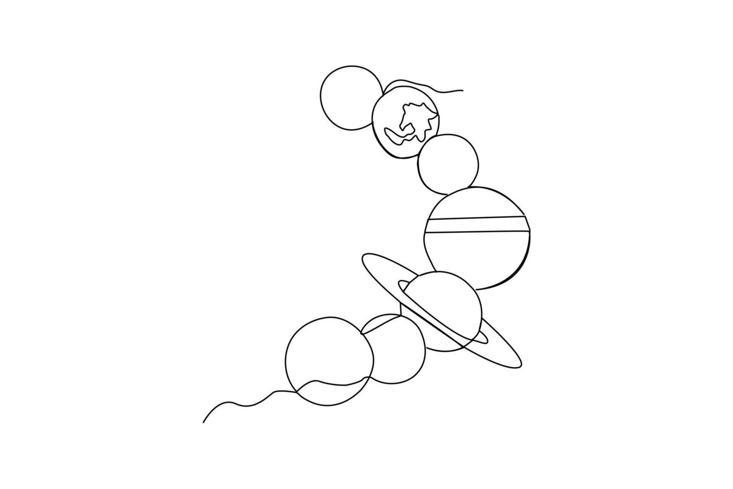 Continuous one line drawing arrangement of planets in space. space concept. Single line draw design vector graphic illustration.