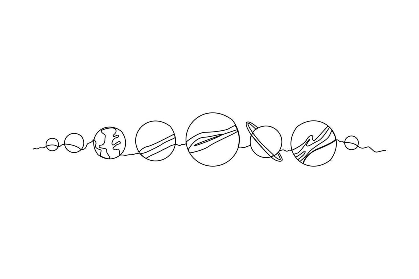 Continuous one line drawing arrangement of planets in space. space concept. Single line draw design vector graphic illustration.