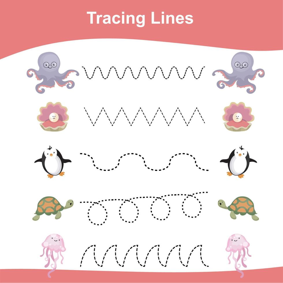 Tracing Lines Game Animals Edition. Educational worksheet. Worksheet activity for preschool kids. Preschool Education. Vector illustration.