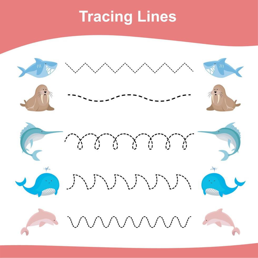 Tracing Lines Game Animals Edition. Educational worksheet. Worksheet activity for preschool kids. Preschool Education. Vector illustration.