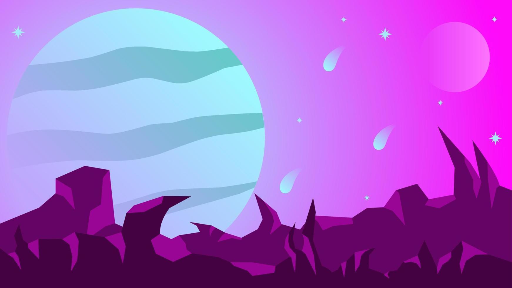 Science fiction landscape vector illustration. Violet jupiter planet landscape background. Purple galaxy view with comet and star. Science fiction vector for background, wallpaper or illustration