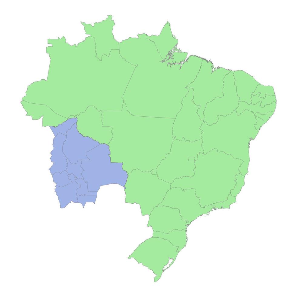 High quality political map of Brazil and Bolivia with borders of the regions or provinces. vector