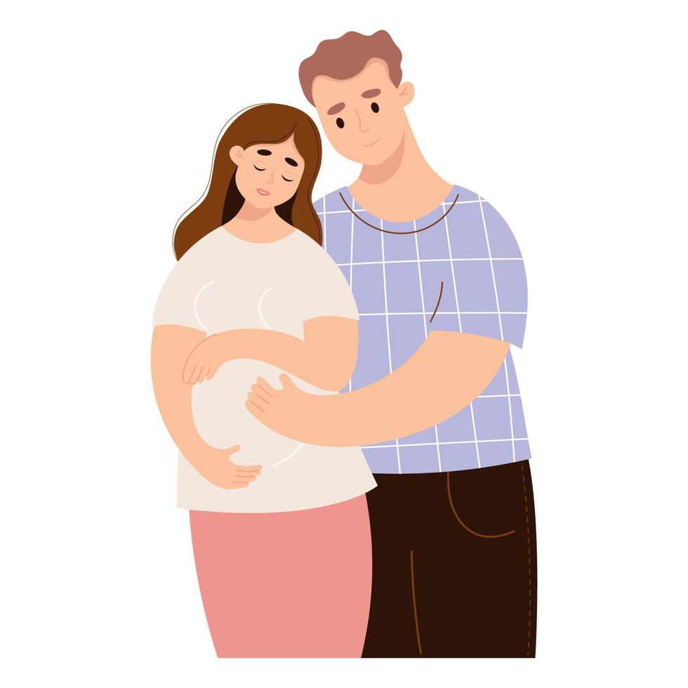 Happy family expecting baby. Cute pregnant woman and husband. Vector illustration. Future parents, pregnancy motherhood, parenthood concept.