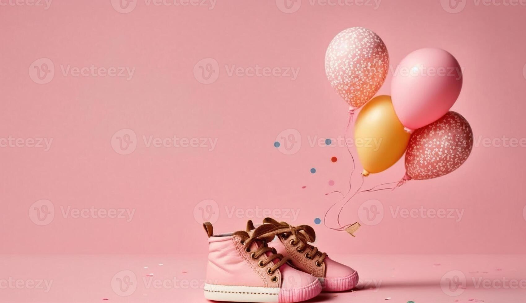 rosado bebé Zapatos con vistoso globo en rosado antecedentes con espacio para Texas. mínimo día festivo concepto, generativo ai foto