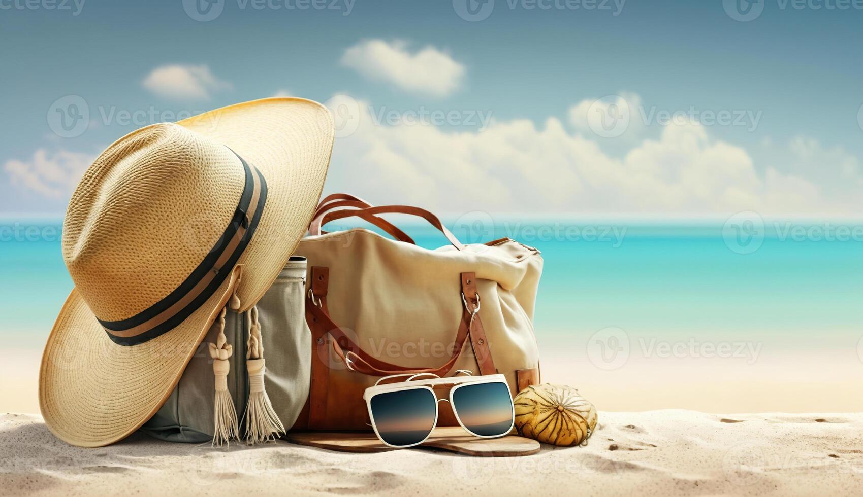 Straw hat, bag, sun glasses and flip flops on a tropical beach, photo