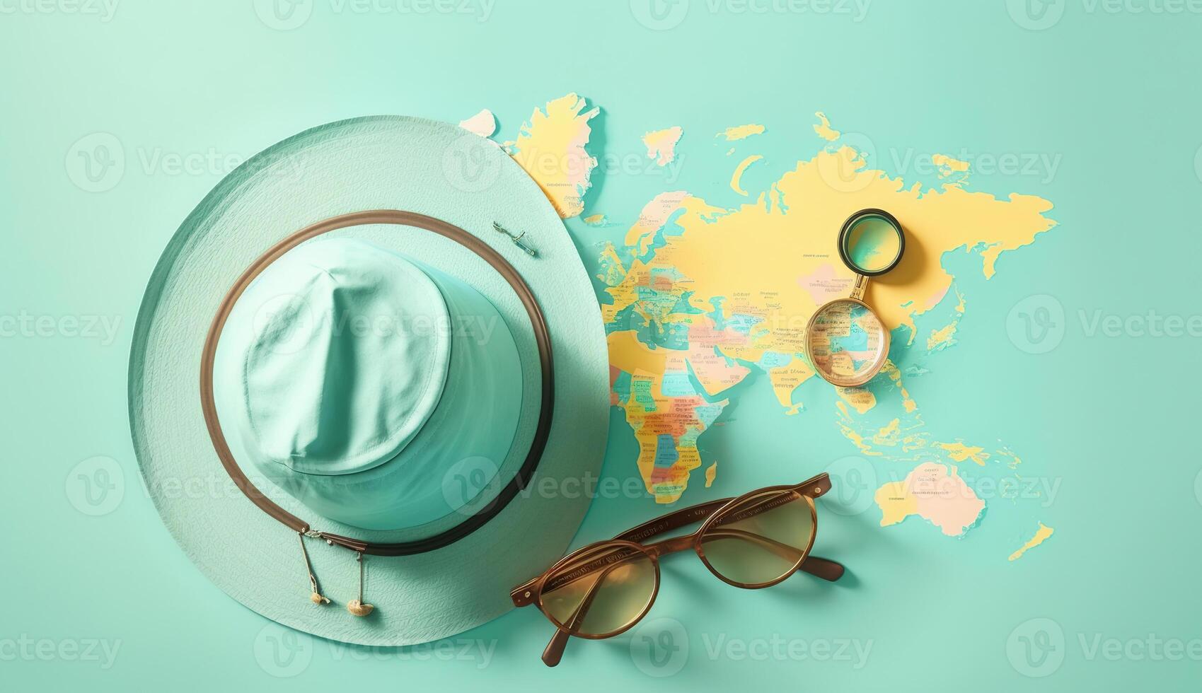Paja sombrero, mapa, Gafas de sol y aumentador vaso en azul fondo, generado ai foto