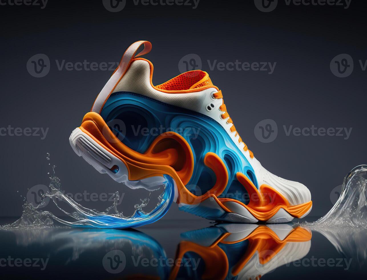 Futuristic tennis shoe concept, orange and blue, liquid form, photo