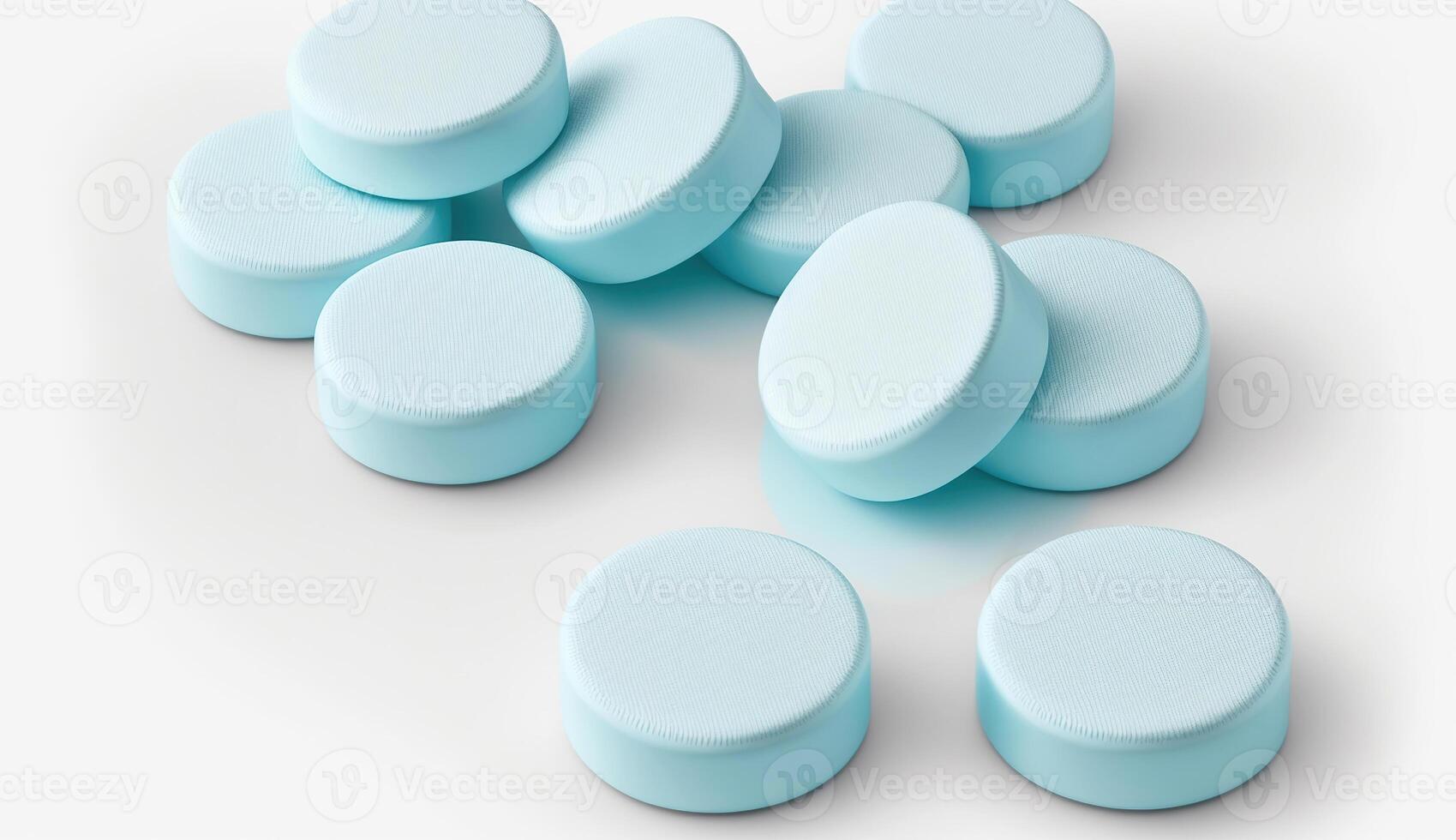 Scattered blue pills on white backgroung, photo
