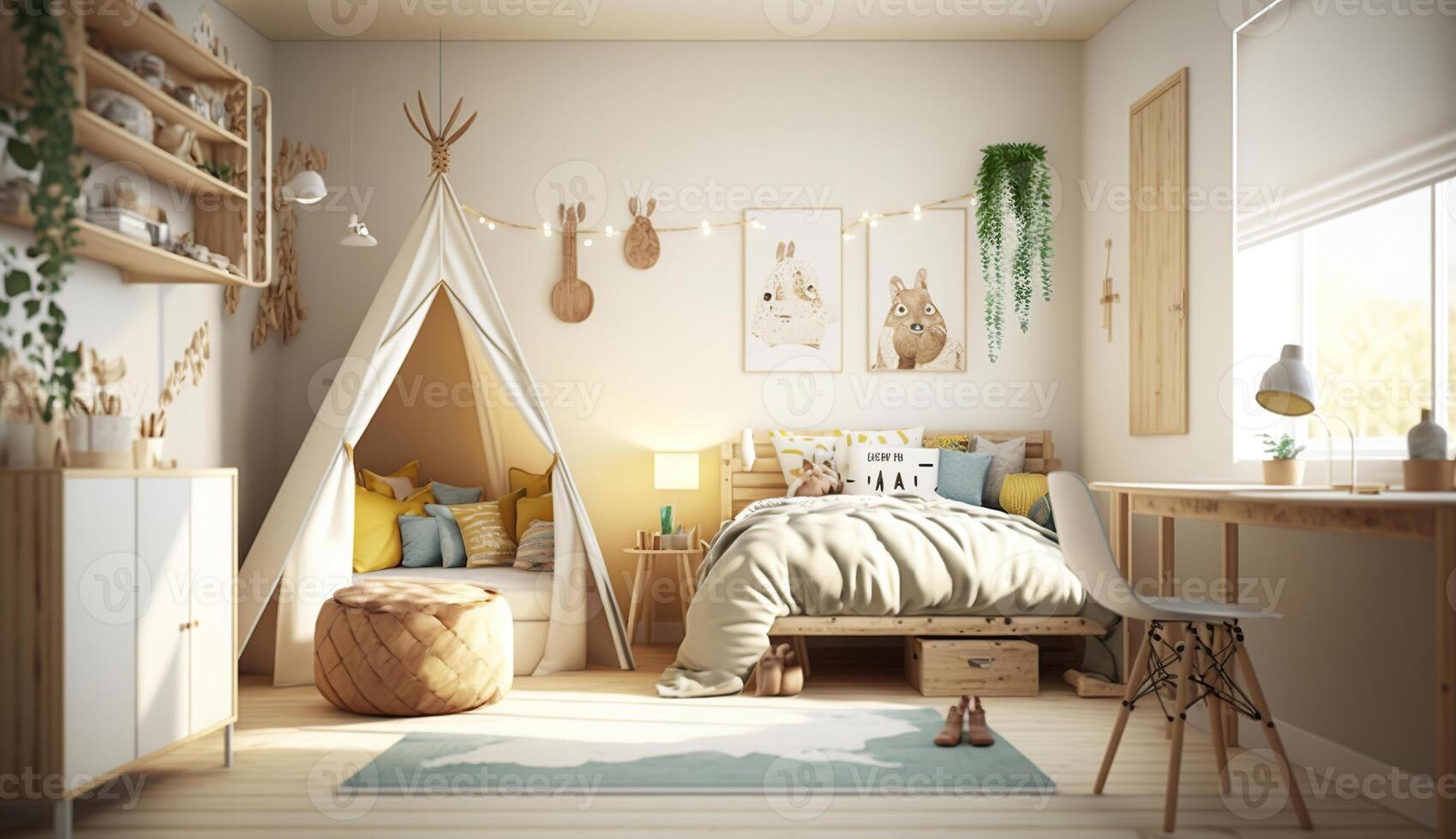 Natural, bright kid's bedroom interior with wooden furniture, designer accessories and posters on a white wall, photo