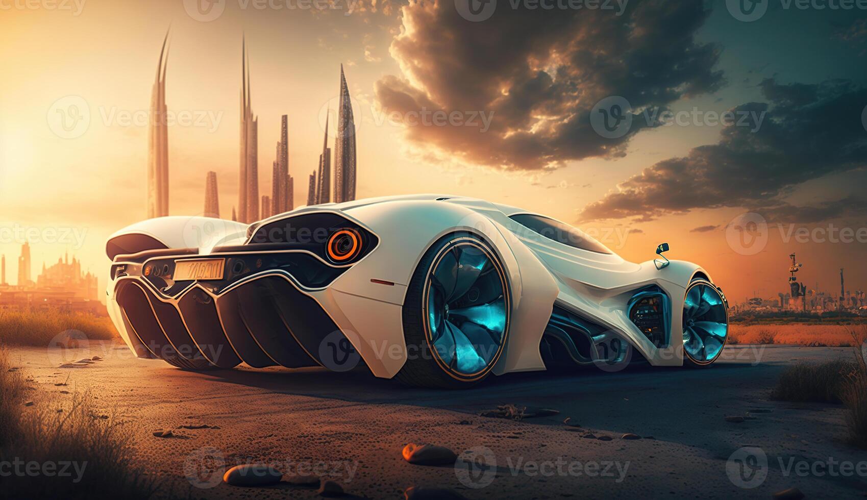 Photo of a supercar, futuristic city in the background,