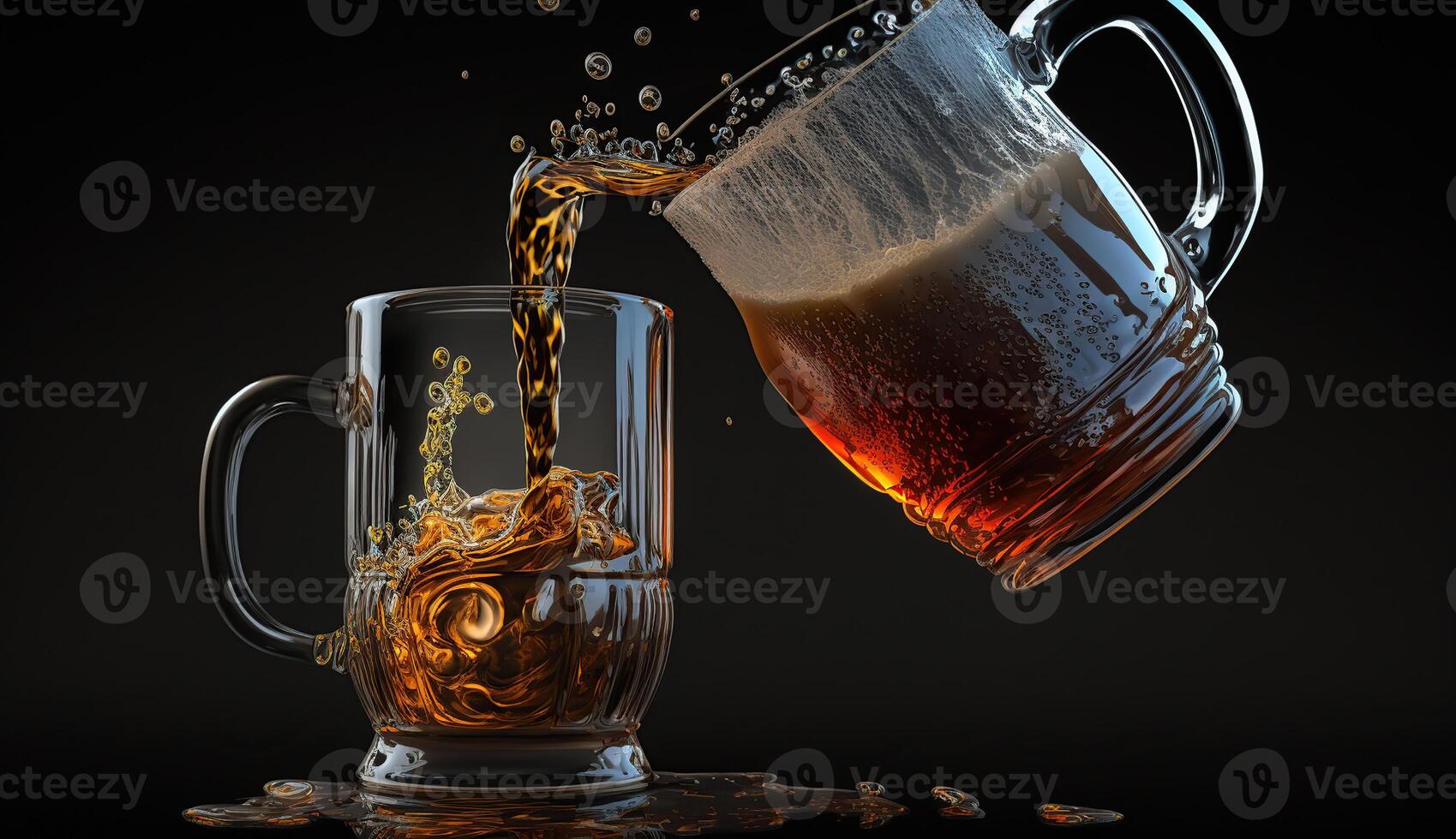 Pouring beer in glass and mug in black background, photo