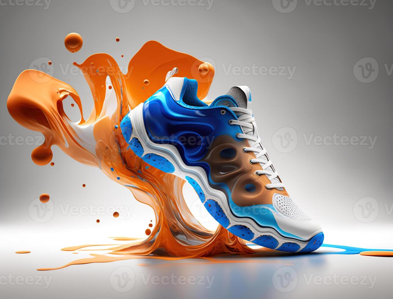 Futuristic tennis shoe concept, orange and blue, liquid form, commericial photo, photo