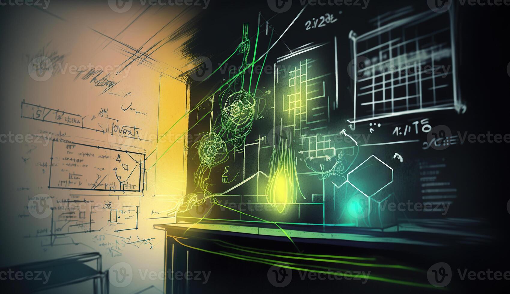 A realistic abstract sketch of a data science project with numbers and visualizations, vivid contrast colors, photo