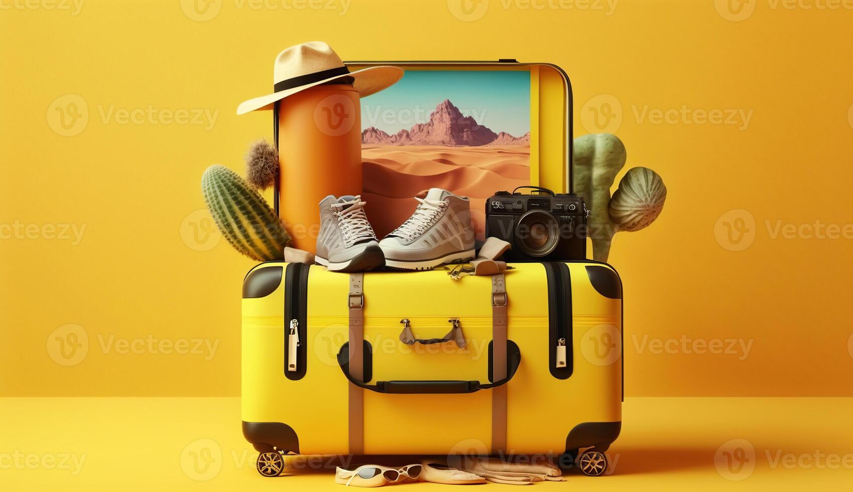 Packed suitcase on right place with belongings on yellow background, photo