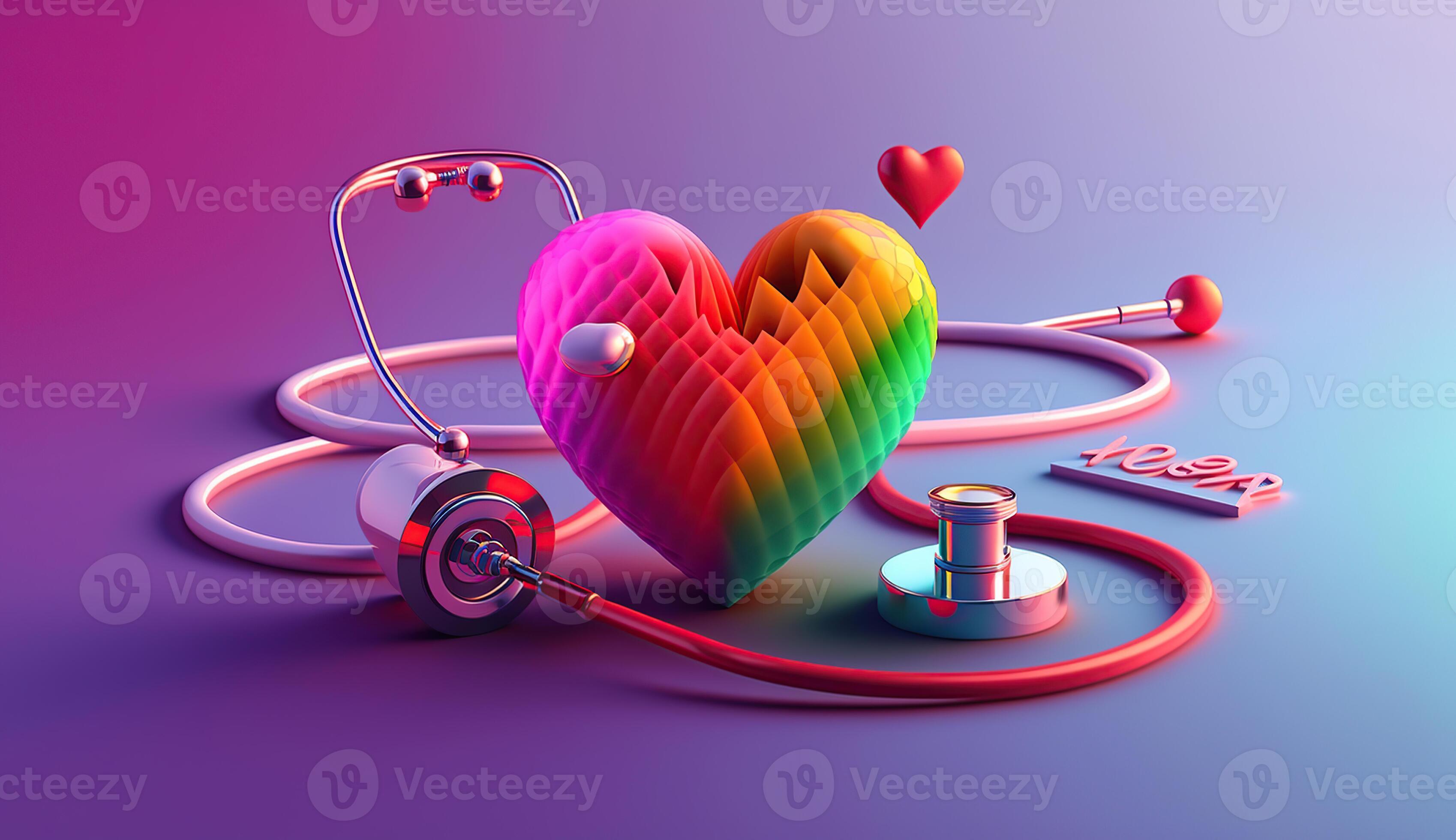 Red heart with colorful stethoscope on the pink background, 3d