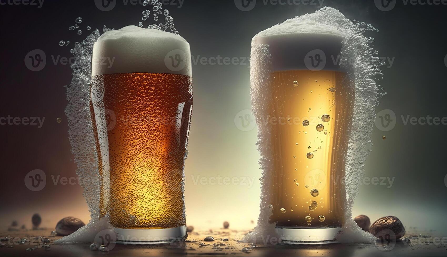 dos frío cervezas con espuma, generativo ai foto