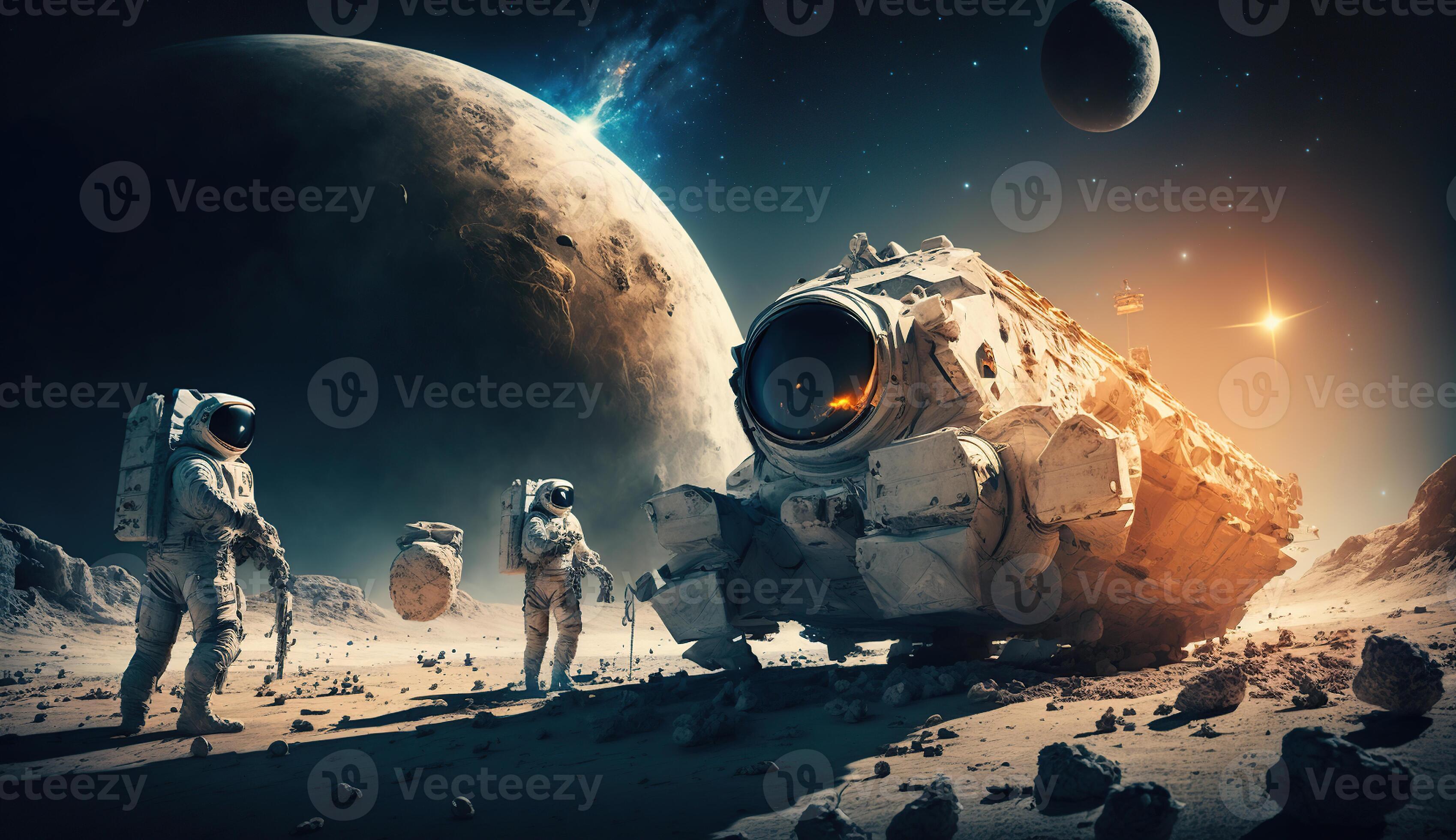 Astronauts with spaceship exploring an asteroid in space 3D rendering ...